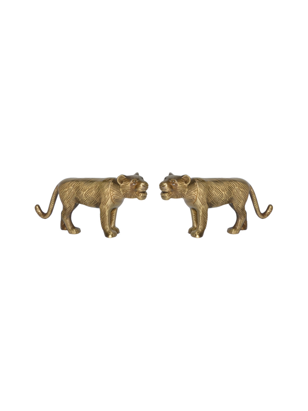 Aakrati Pair Of Tiger Brown Brass Metallic Living Room Hand Made Set of 2 Tiny Showpieces - 2.4 Inches