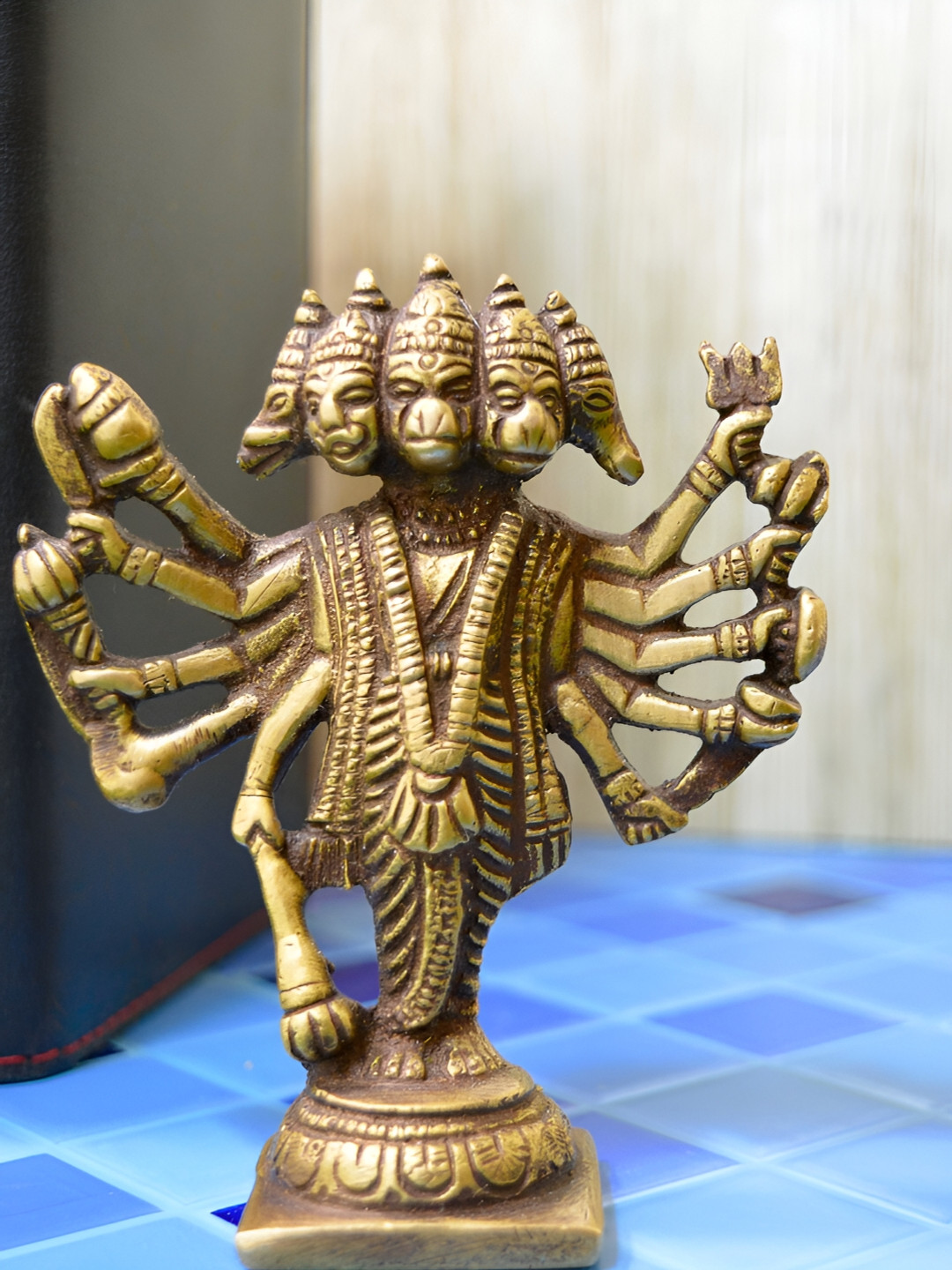 Aakrati Panch Mukhi Standing Yellow Brass Metallic Prayer Room Tiny Showpiece - 4 Inches