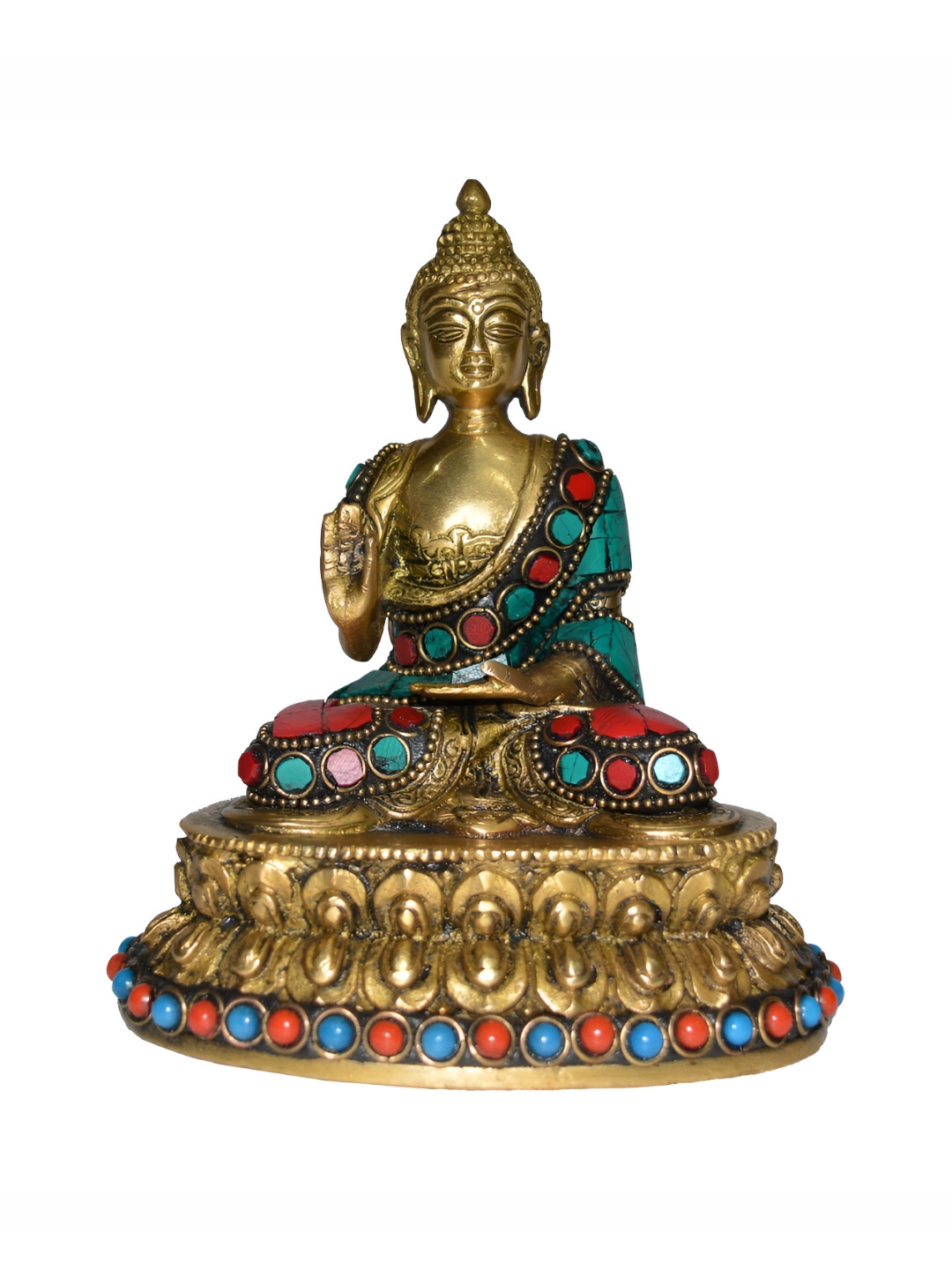 Aakrati Lord Buddha Sitting on Lotus Yellow Brass Metallic Prayer Room Tiny Showpiece - 20.2 Inches