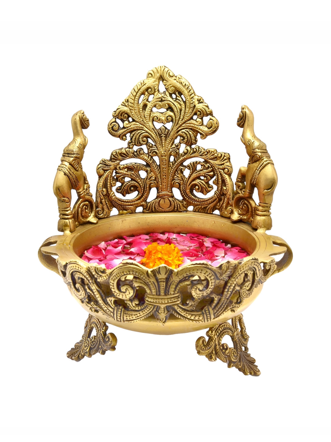 Aakrati Peacock and Elephant Design Urli Yellow Brass Metallic Living Room Medium Showpiece - 11 Inches