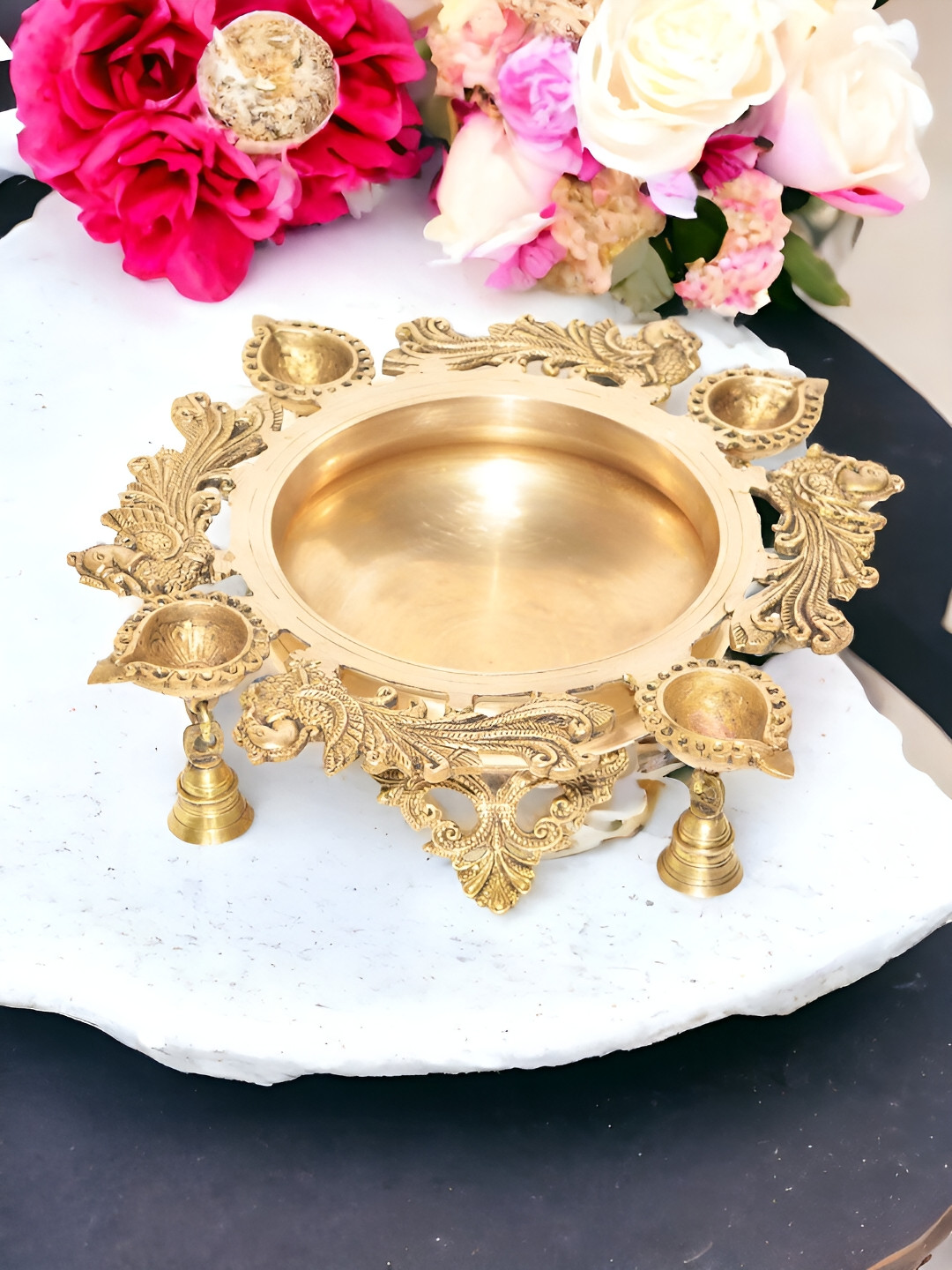 Aakrati Flower Urli with Diya Yellow Brass Metallic Living Room Small Showpiece - 5 Inches