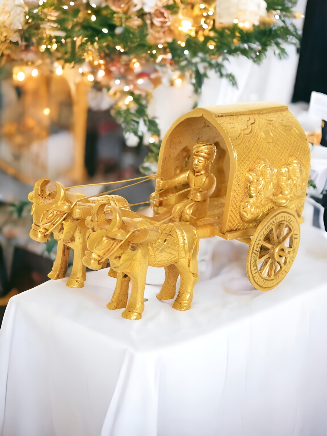 Aakrati Bullock Cart Yellow Brass Metallic Prayer Room Tiny Showpiece - 3.2 Inches