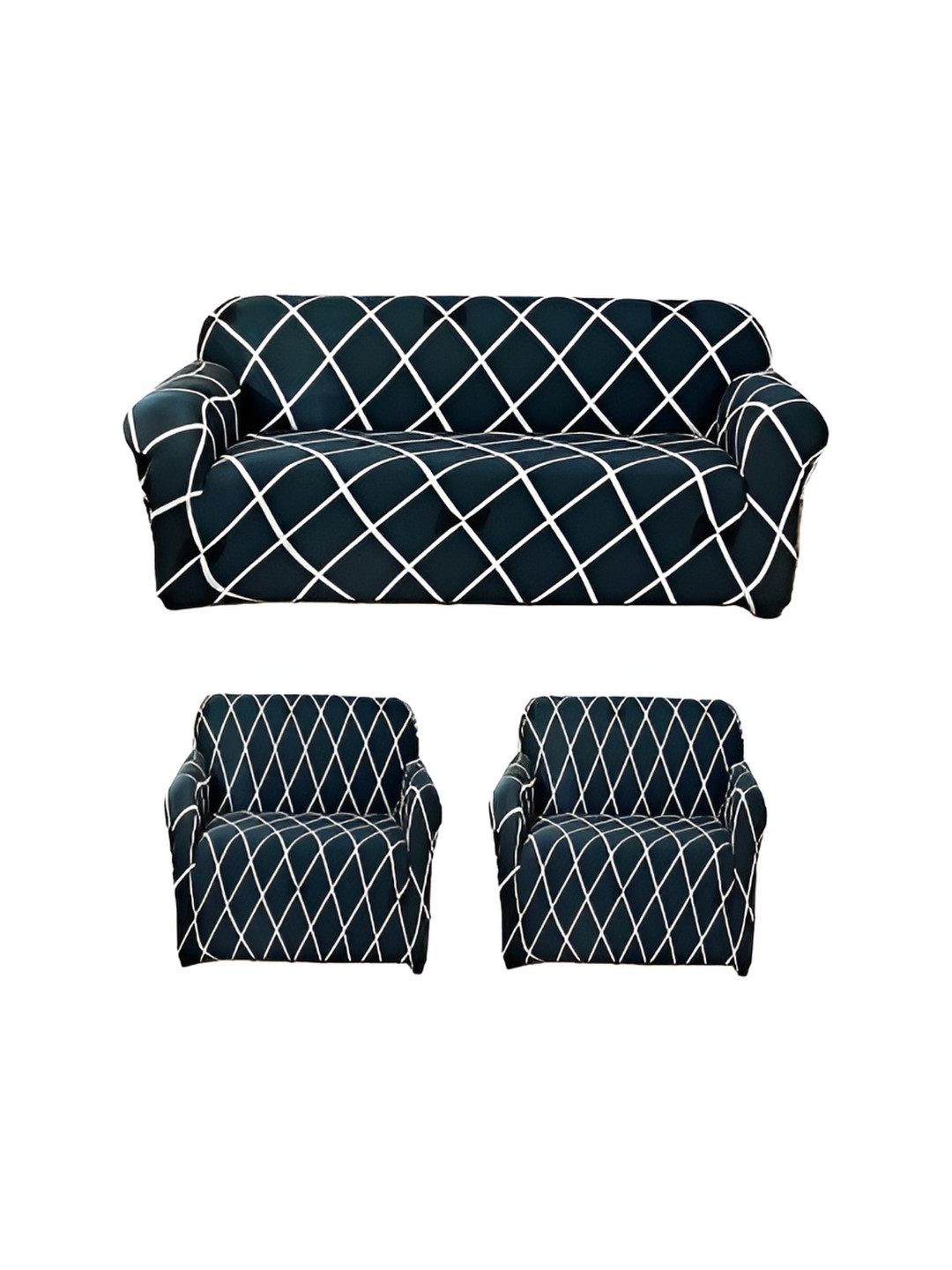 TONY STARK Blue & White 3 Pieces 5 Seater Sofa Cover With Arms