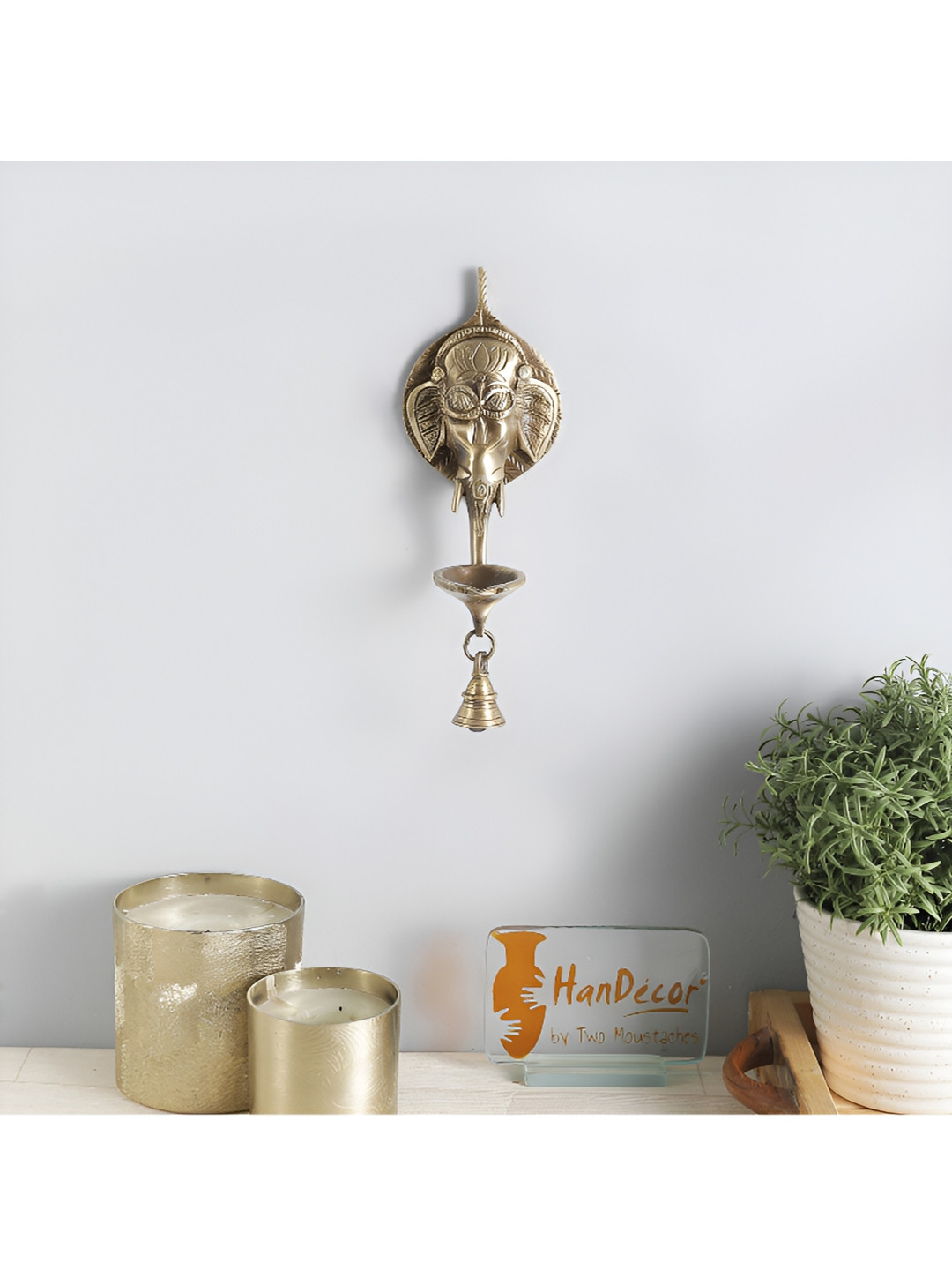 Two Moustaches Brown Brass Ganesha Design Wall Hanging Diya with Bell
