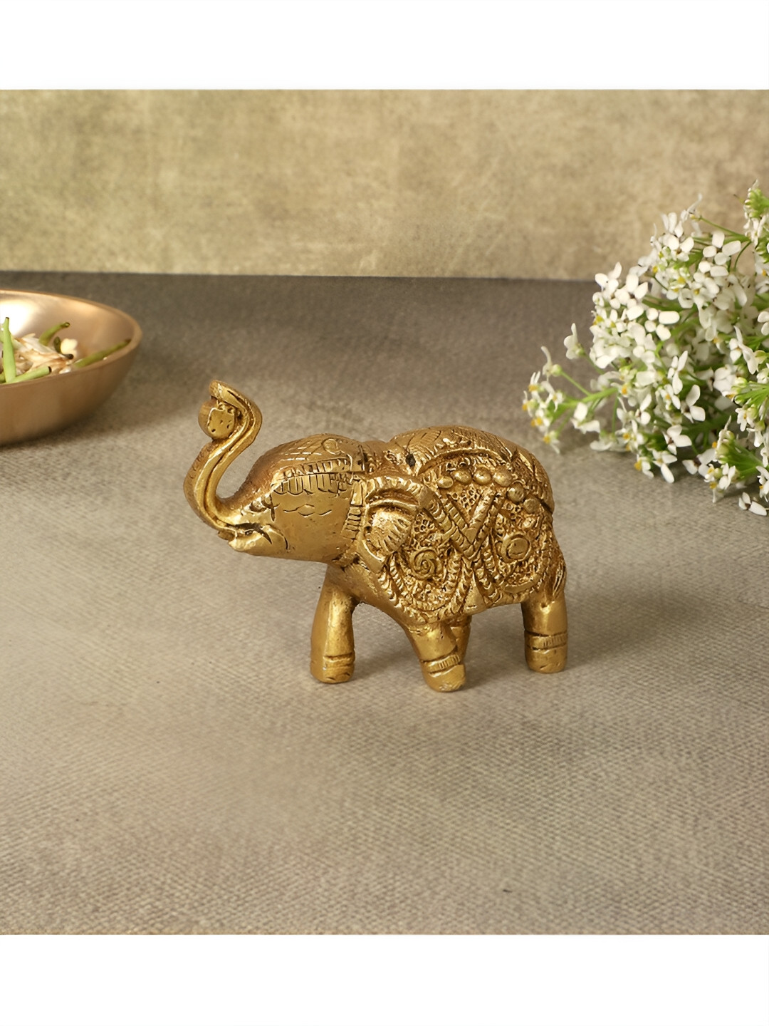 Two Moustaches Elephant Yellow Brass Metallic Living Room Hand Made Small Showpiece - 2.6 Inches