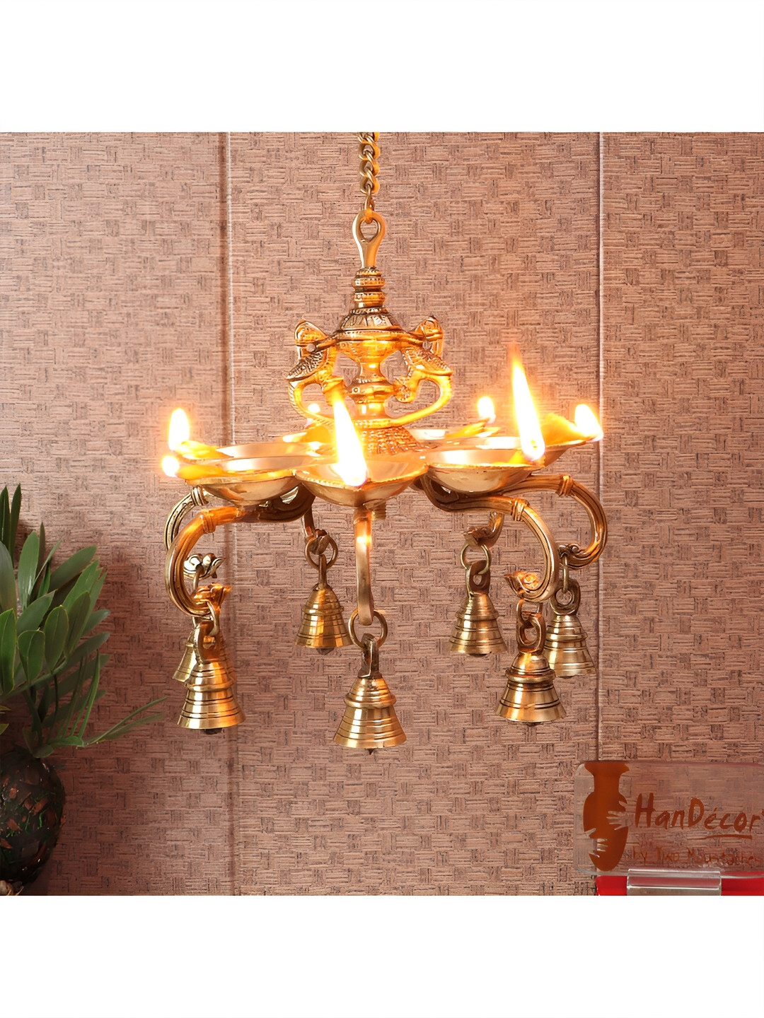 Two Moustaches Yellow Twin Peacock Over Oil Wick Brass Hanging Diya with Bells