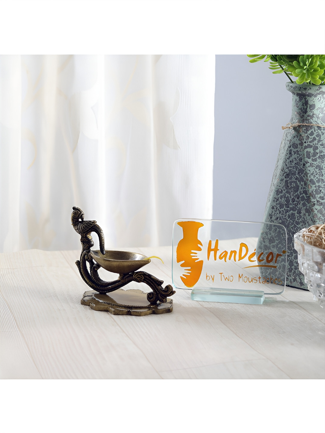 Two Moustaches Yellow Peacock on Handle Design Brass Oil Diya