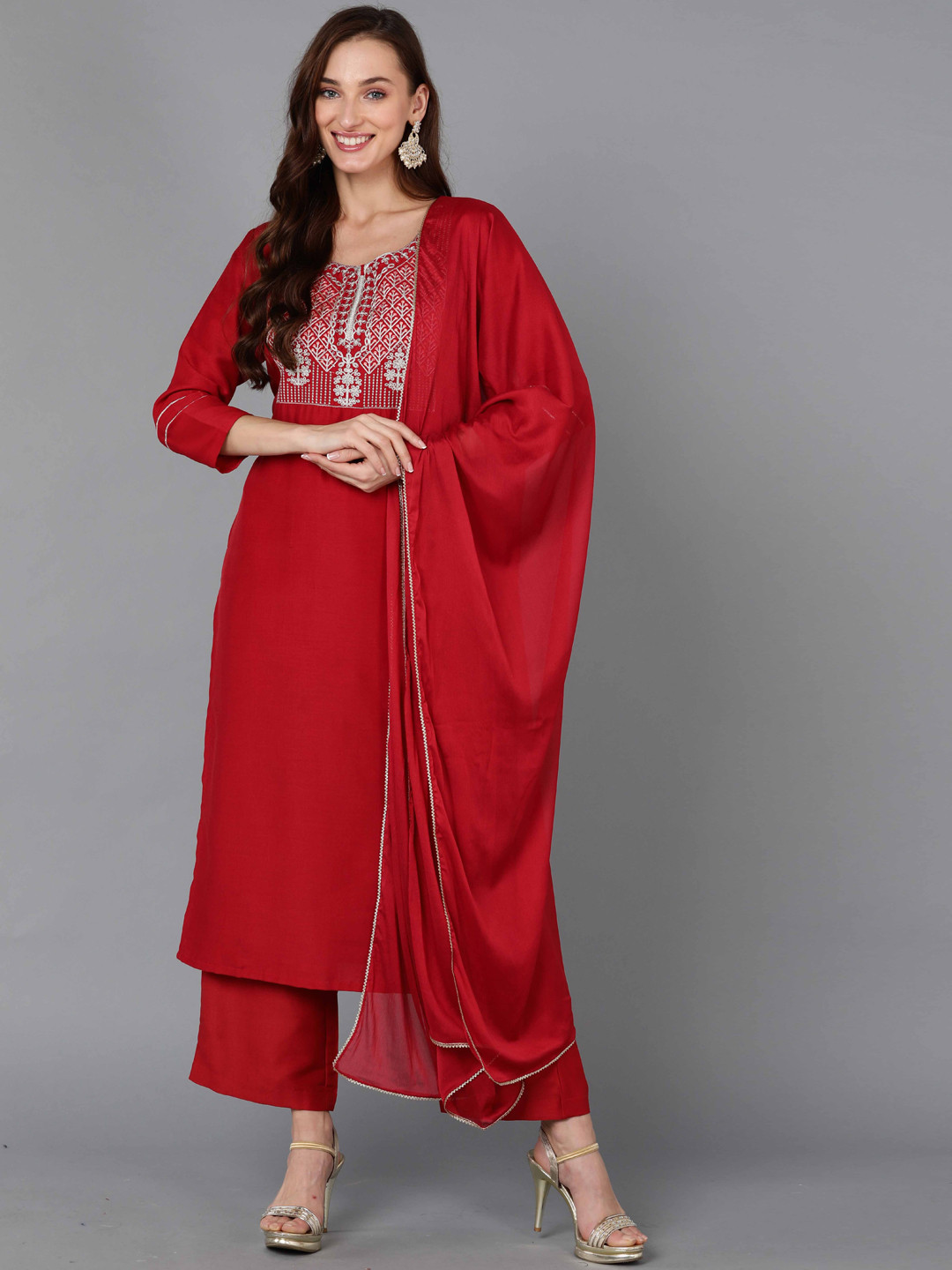 AHIKA Red Embroidered Round Neck Yoke Design Kurta With Palazzos & Dupatta