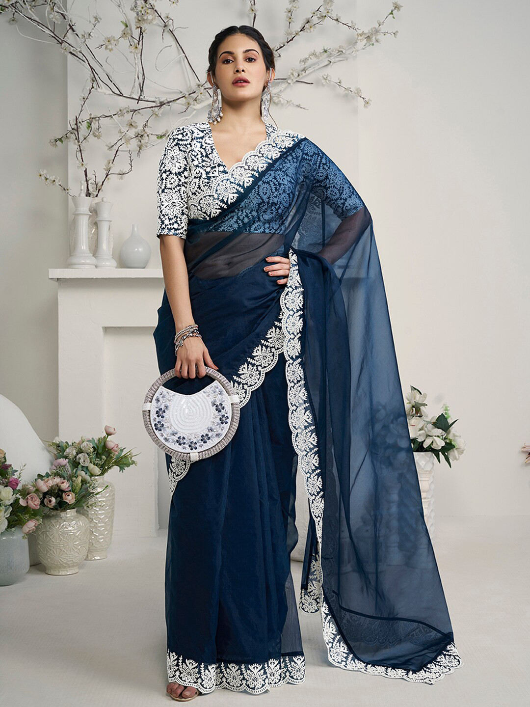 Inddus Navy Blue Embroidered Woven Design Organza Saree