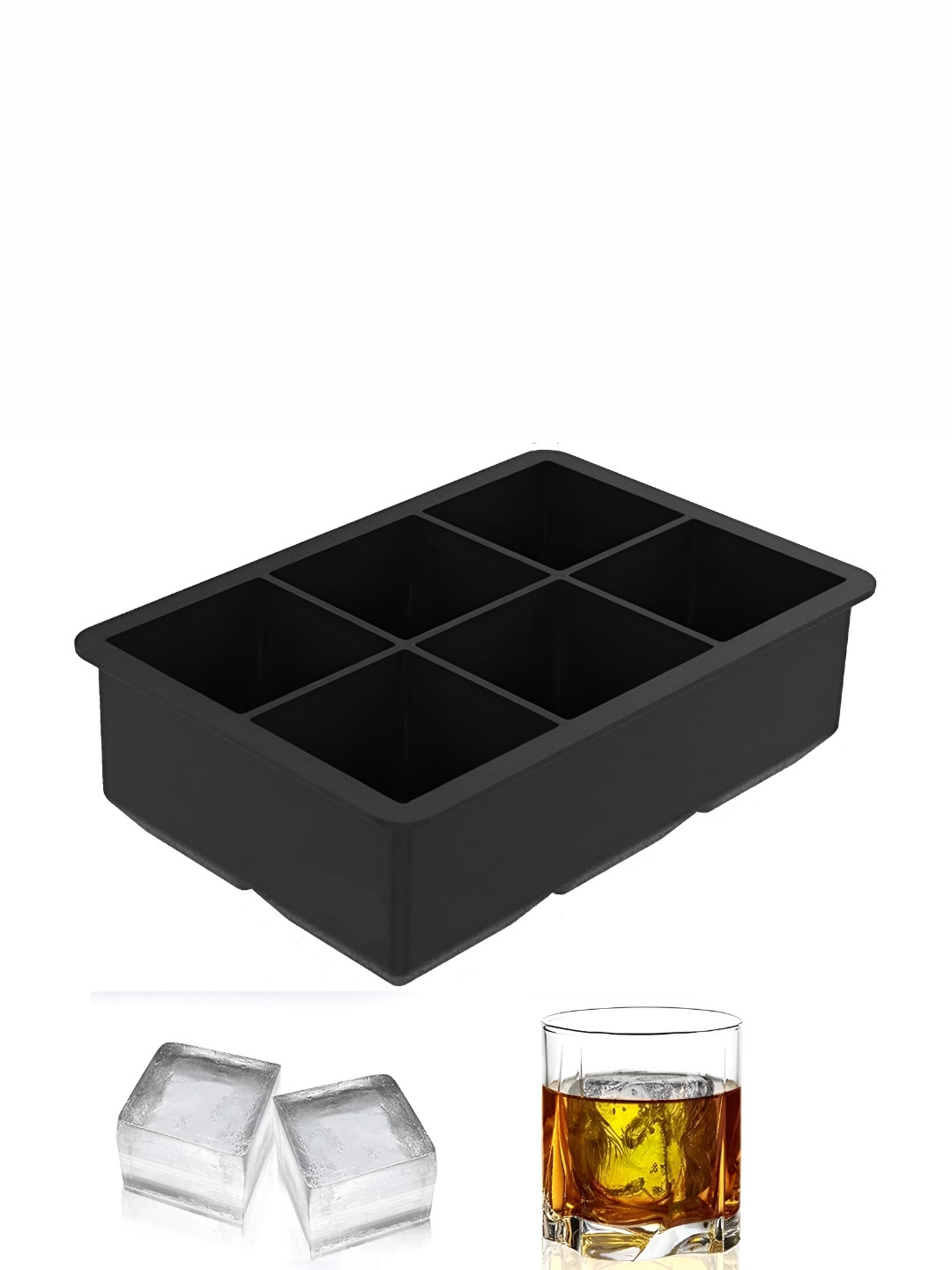 Alexvyan Black Silicone Square Ice Tray with 6 Moulds