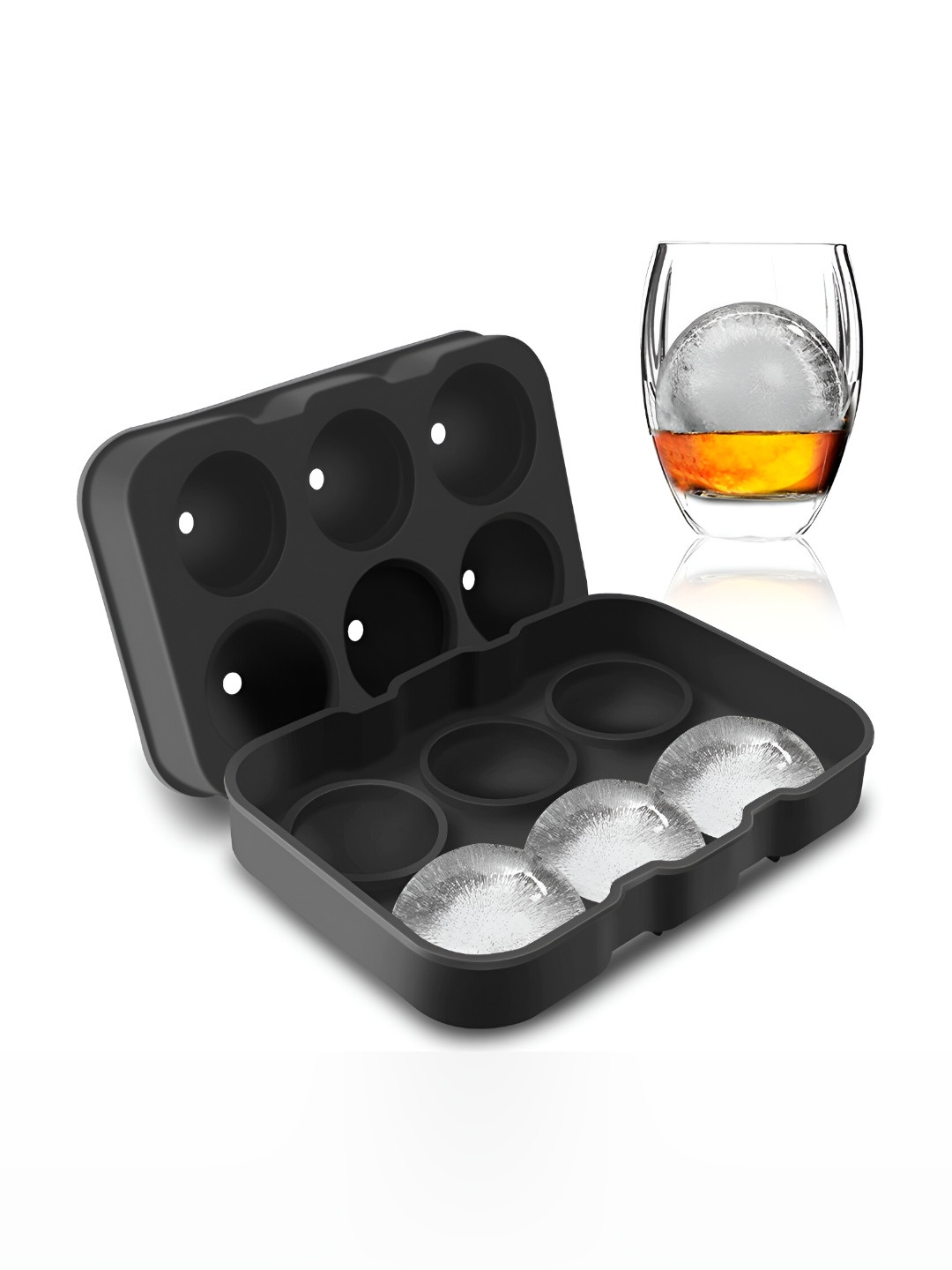 Alexvyan Black Silicone Ice Tray with 6 Round Moulds
