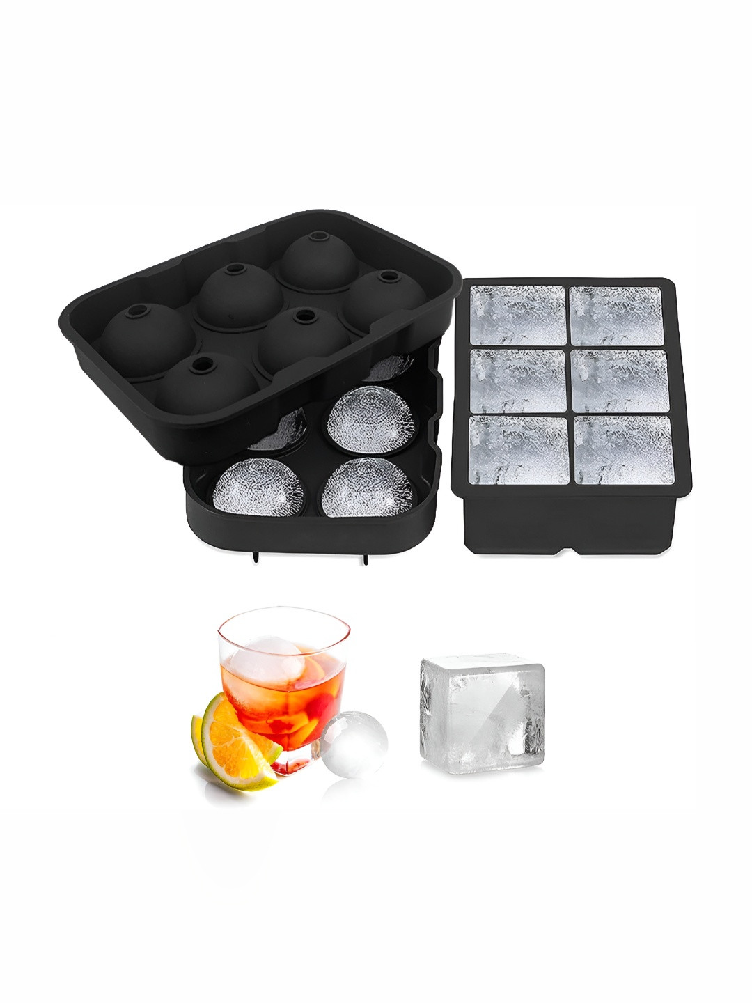 Alexvyan Black 2 Pieces Silicon 6 Big Round & Square Pop Up Ice Cube Trays