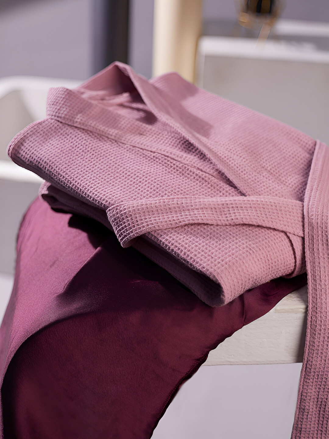 LacyLook Waffle Pink Self Design Cotton Drawstring Knee Length Bath Robe-S