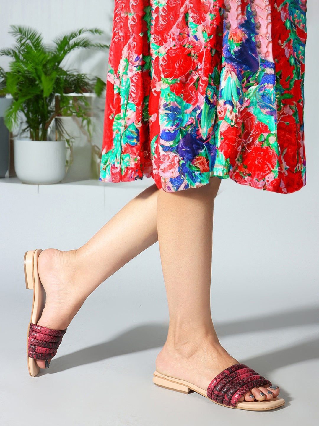 DressBerry Red Printed Open Toe Flats