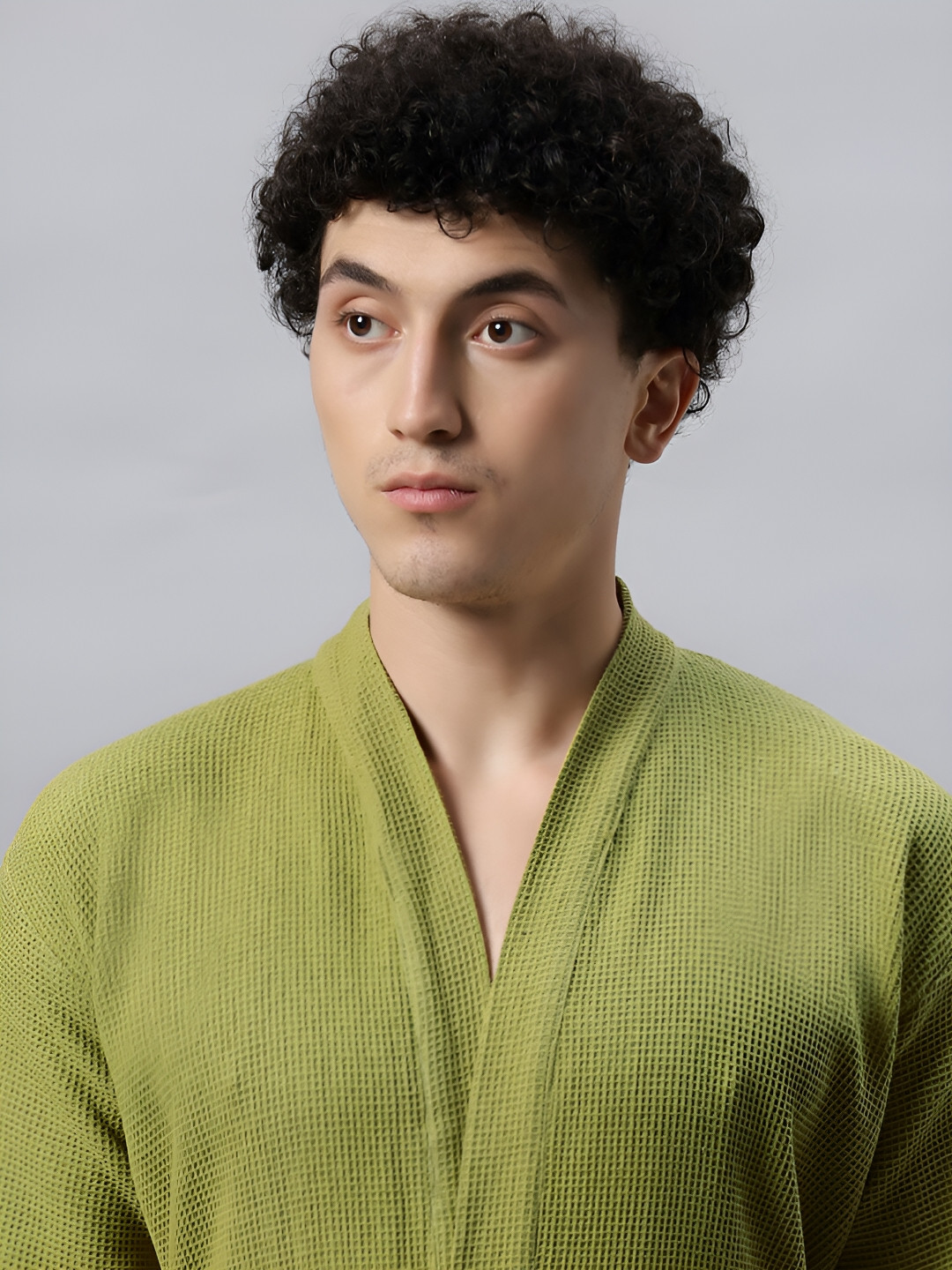 LacyLook Waffle Green Self Design Cotton Drawstring Knee Length Bath Robe-S