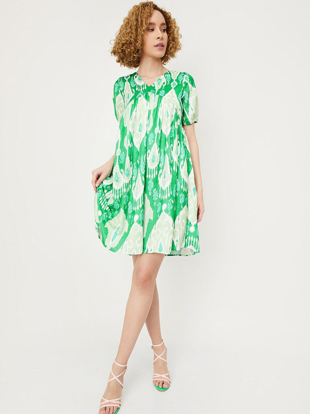 max Tropical Printed V-Neck Puff Sleeves A-Line Dress