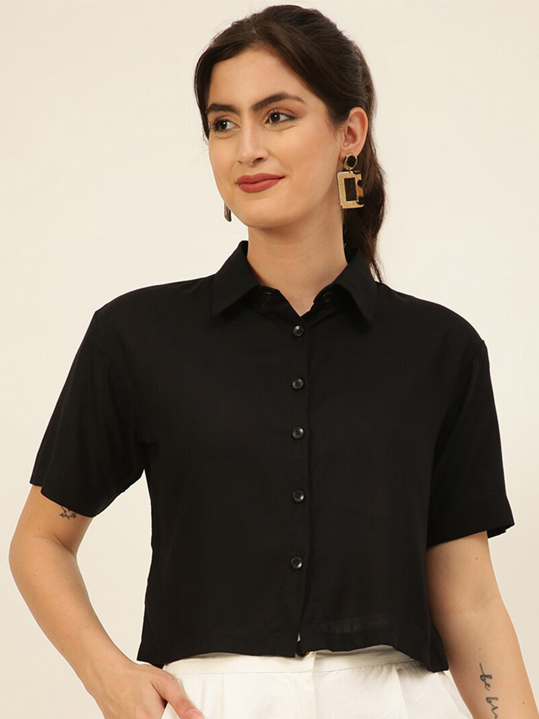 JAVINISHKA Comfort Slim Fit Spread Collar Crop Casual Shirt