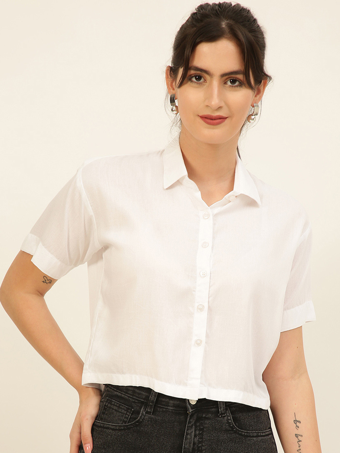JAVINISHKA Comfort Slim Fit Opaque Crop Shirt