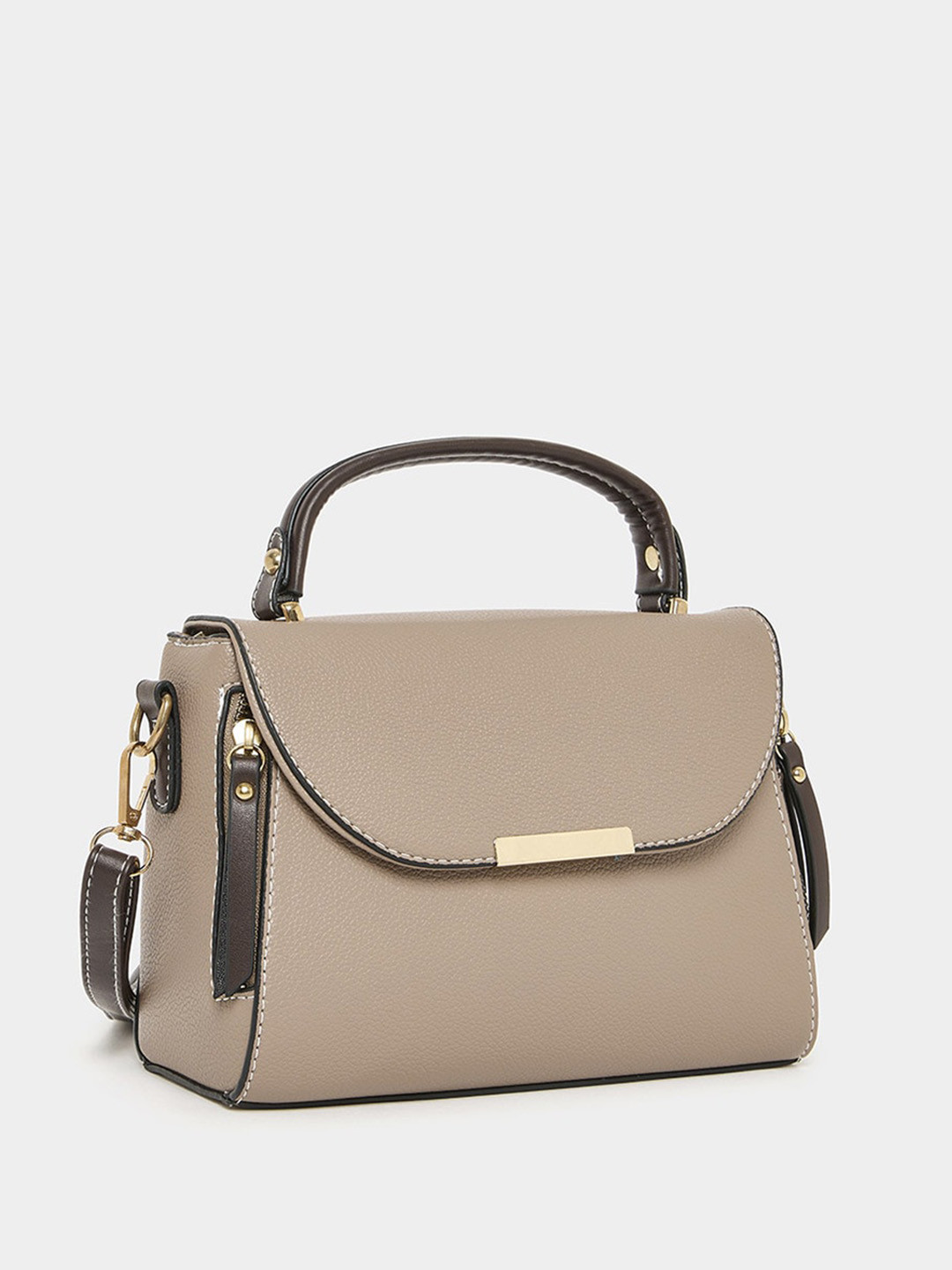Styli Women's Beige Metal Accent Contrast Detail Satchel Handbag