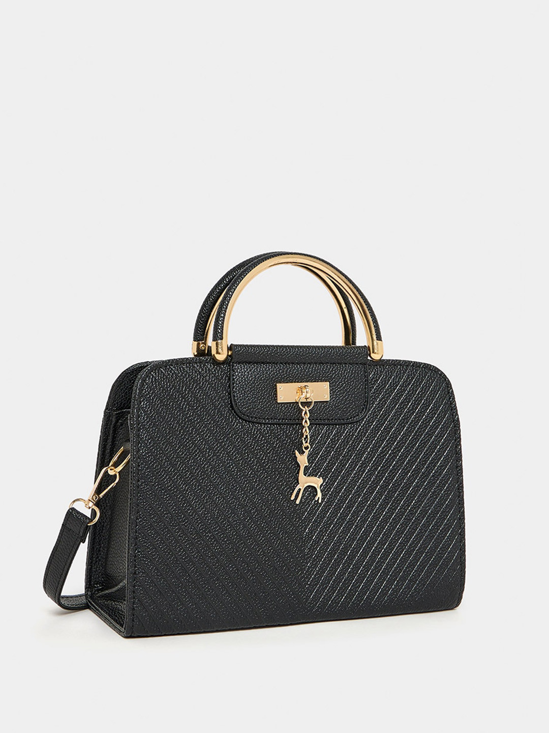 Styli Women Black Deer Pendant Tote Handbag with Detachable Strap