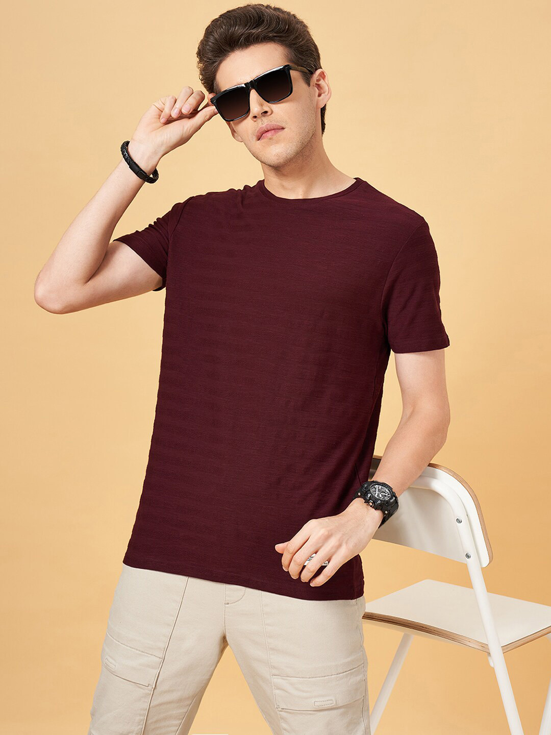 People Red Slim Fit Cotton T-shirt