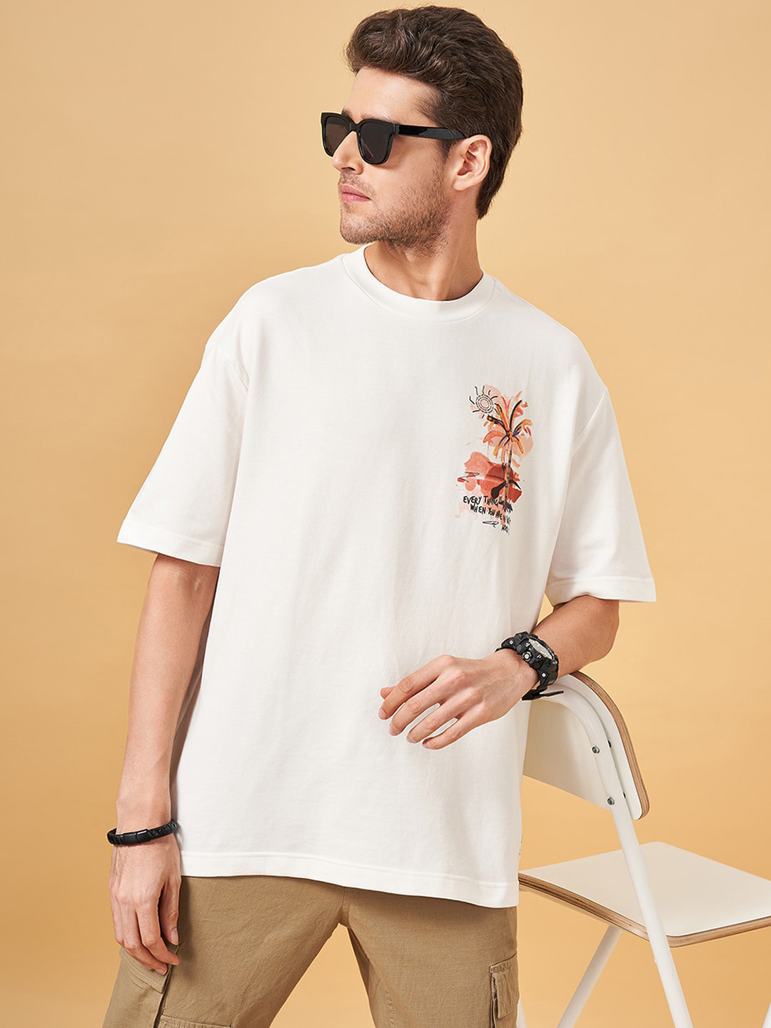 People Off White Printed Round Neck Drop-Shoulder Sleeves Oversized T-shirt