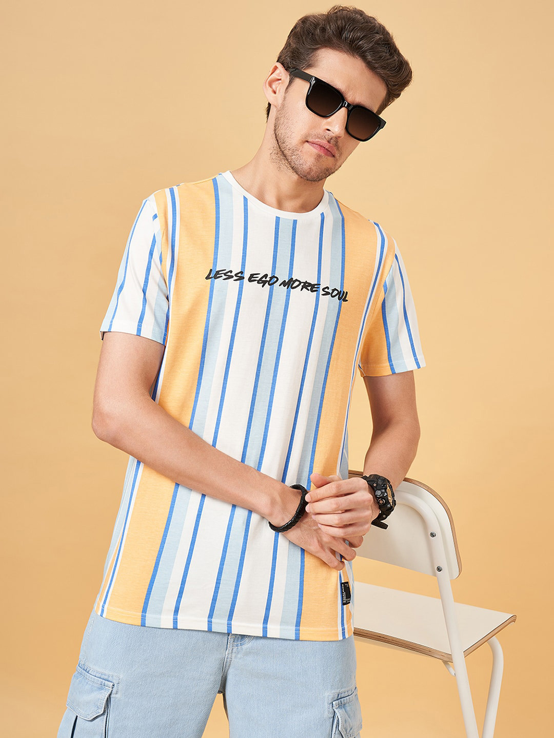 People Off White Striped Pure Cotton Slim Fit T-shirt