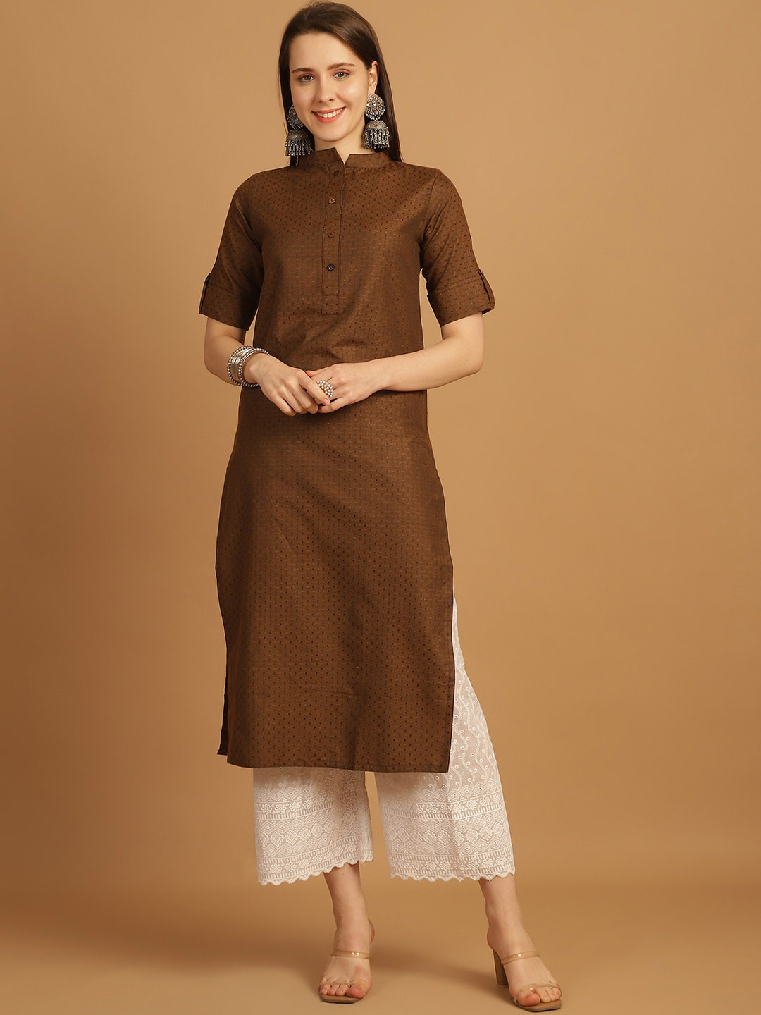 Sayesha Dots Printed Mandarin Collar Cotton Straight Kurta