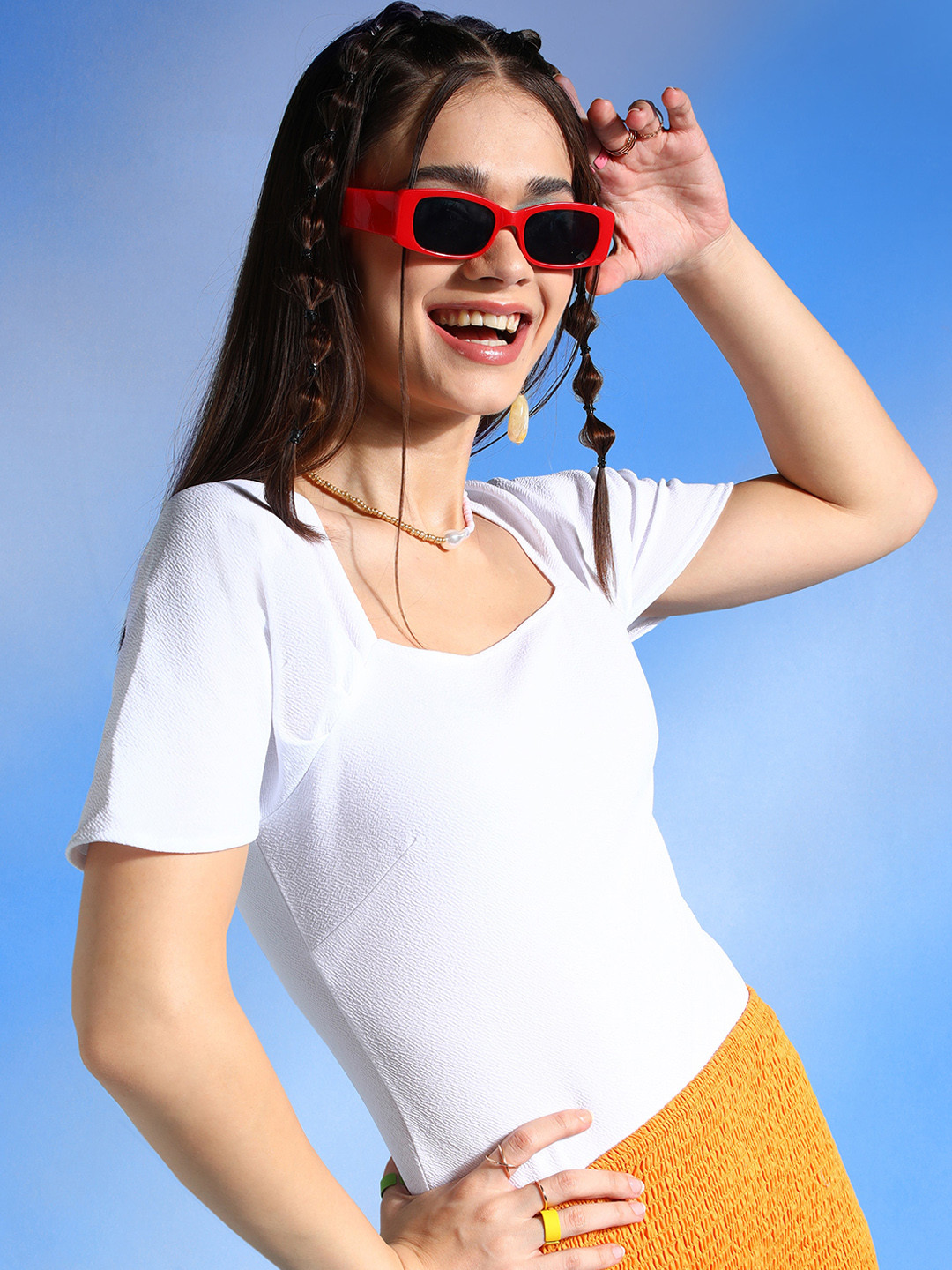 Veni Vidi Vici White Square Neck Slim-Fit Bodysuit