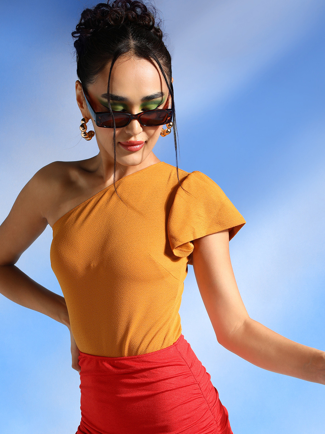 Veni Vidi Vici Mustard Frilled One Shoulder Bodysuit