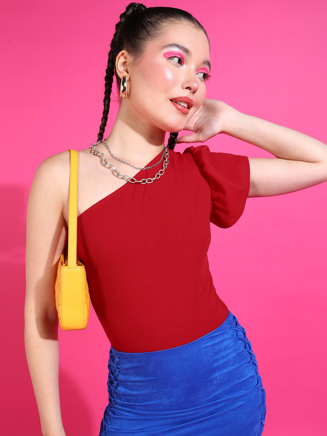 Veni Vidi Vici Red Frilled One Shoulder Slim-Fit Bodysuit