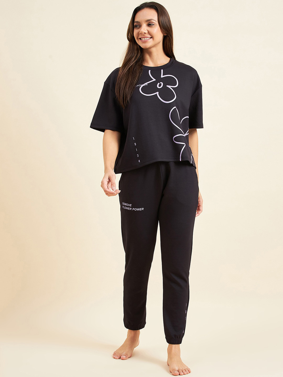 Sweet Dreams Black Floral Printed T-shirt With Pyjamas