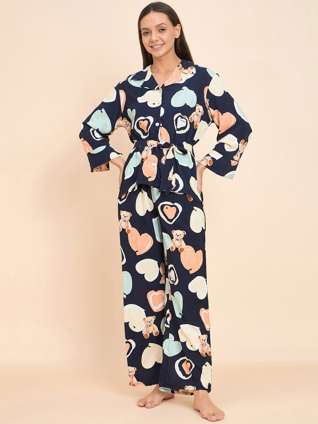 Sweet Dreams Navy Blue Graphic Printed Shirt With Pyjamas