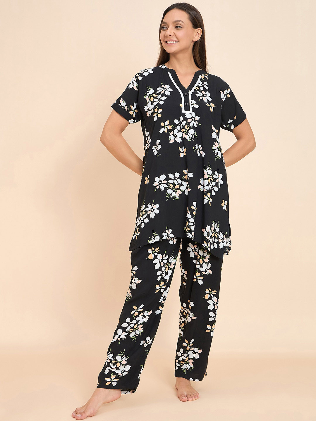Sweet Dreams Black Floral Printed Kurti With Pyjamas