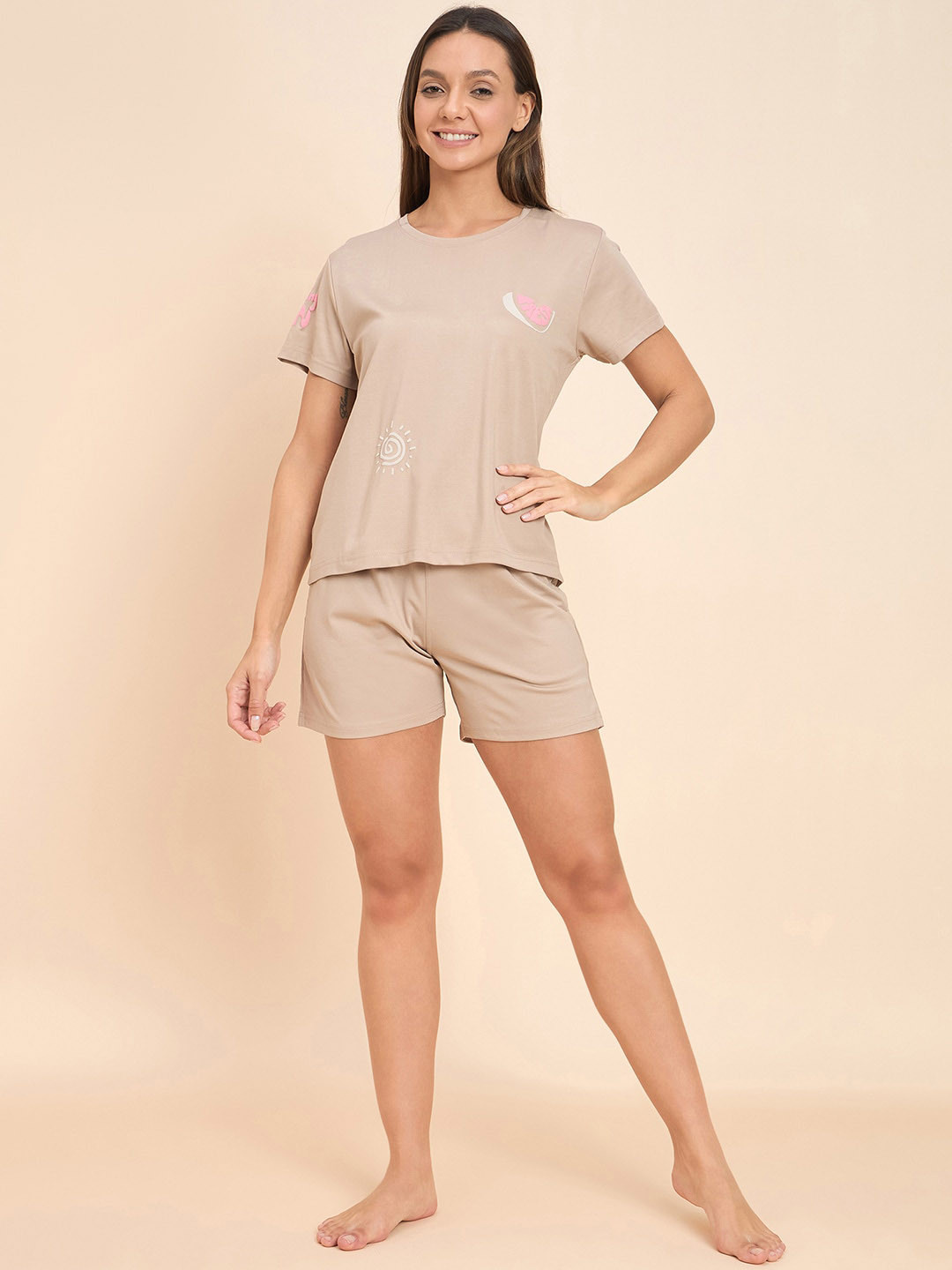 Sweet Dreams Beige Graphic Printed T-shirt With Shorts