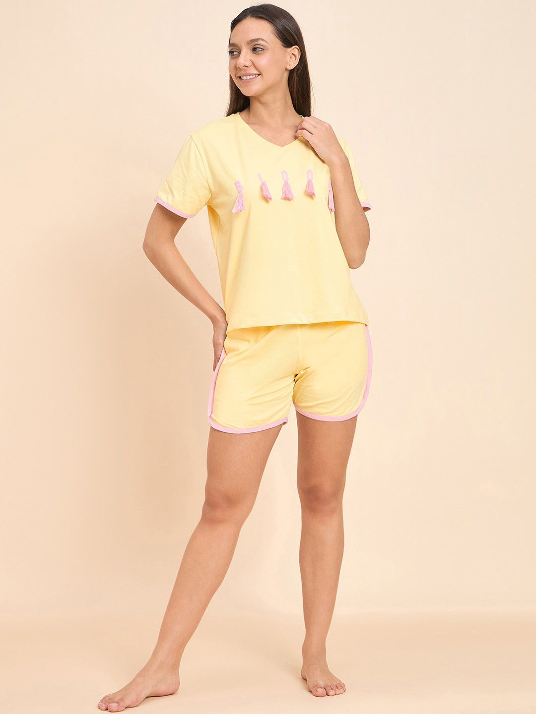 Sweet Dreams Yellow Round Neck T-shirt With Shorts
