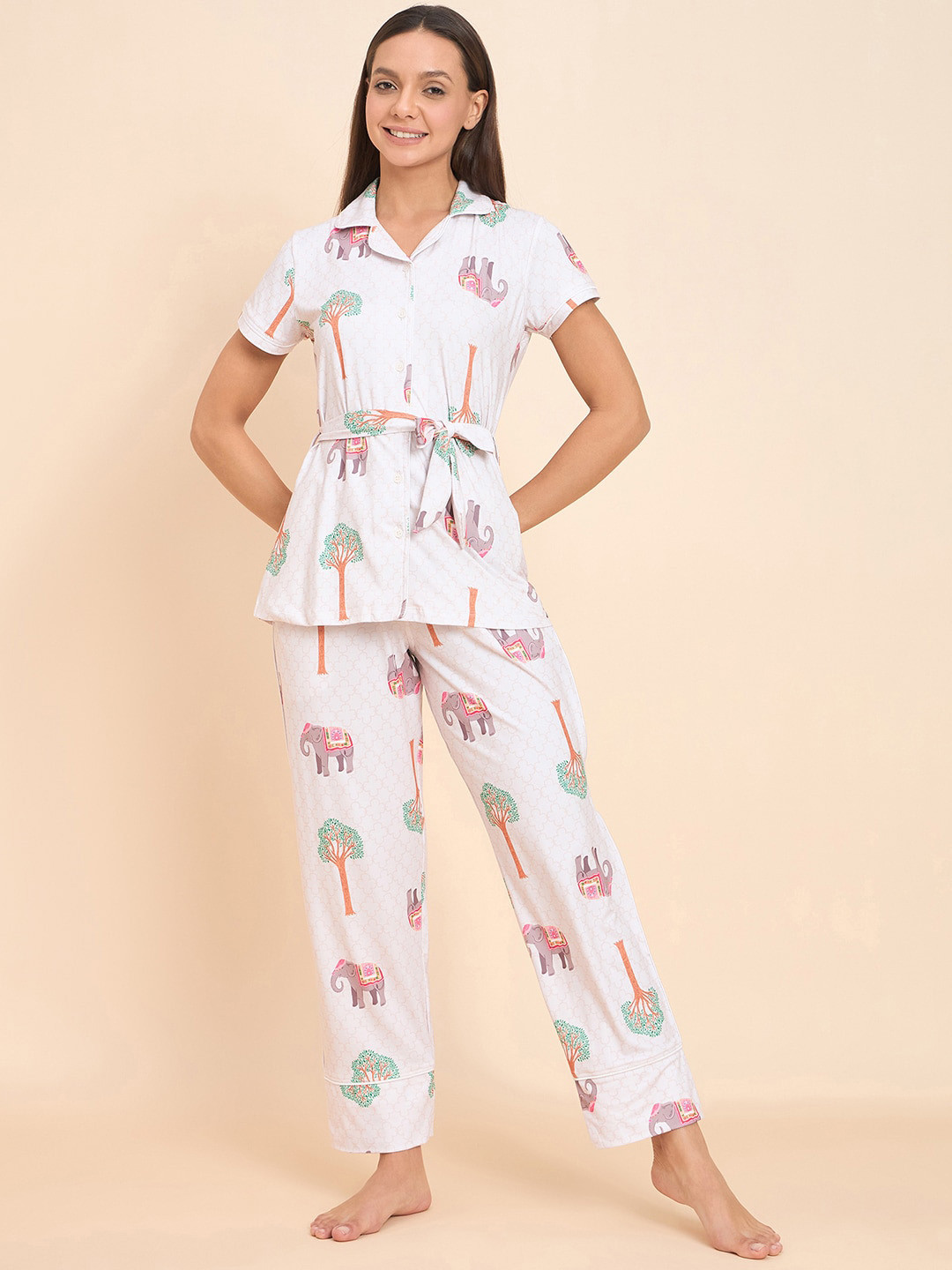 Sweet Dreams Off-White Graphic Printed Top With Pyjamas
