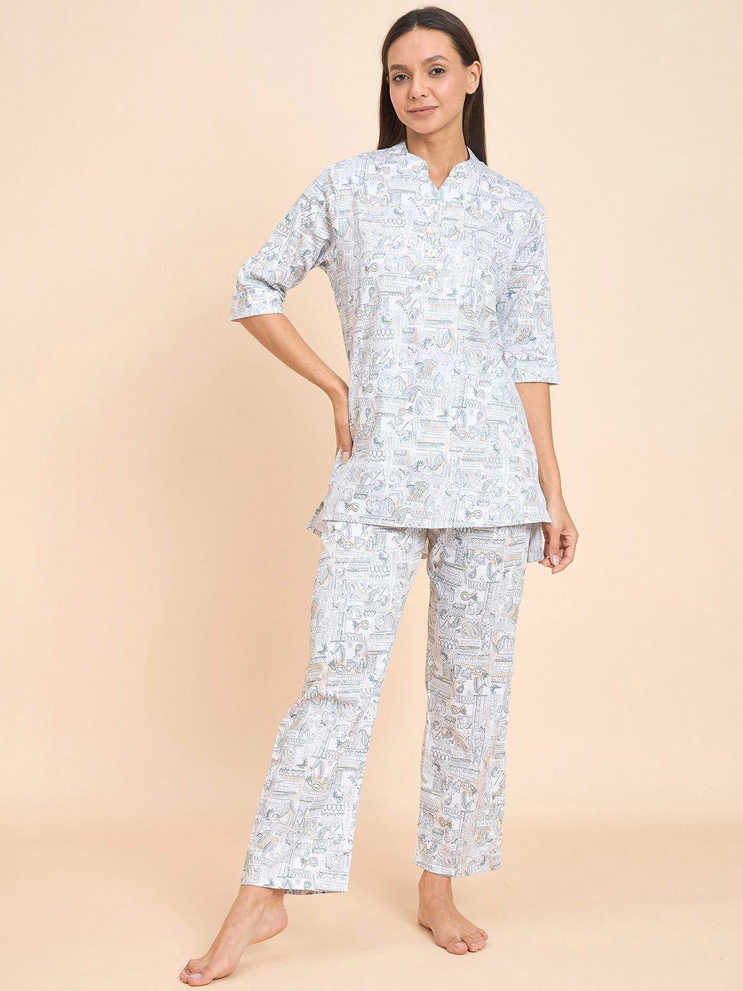 Sweet Dreams Grey Graphic Printed Pure Cotton Kurti With Pyjamas