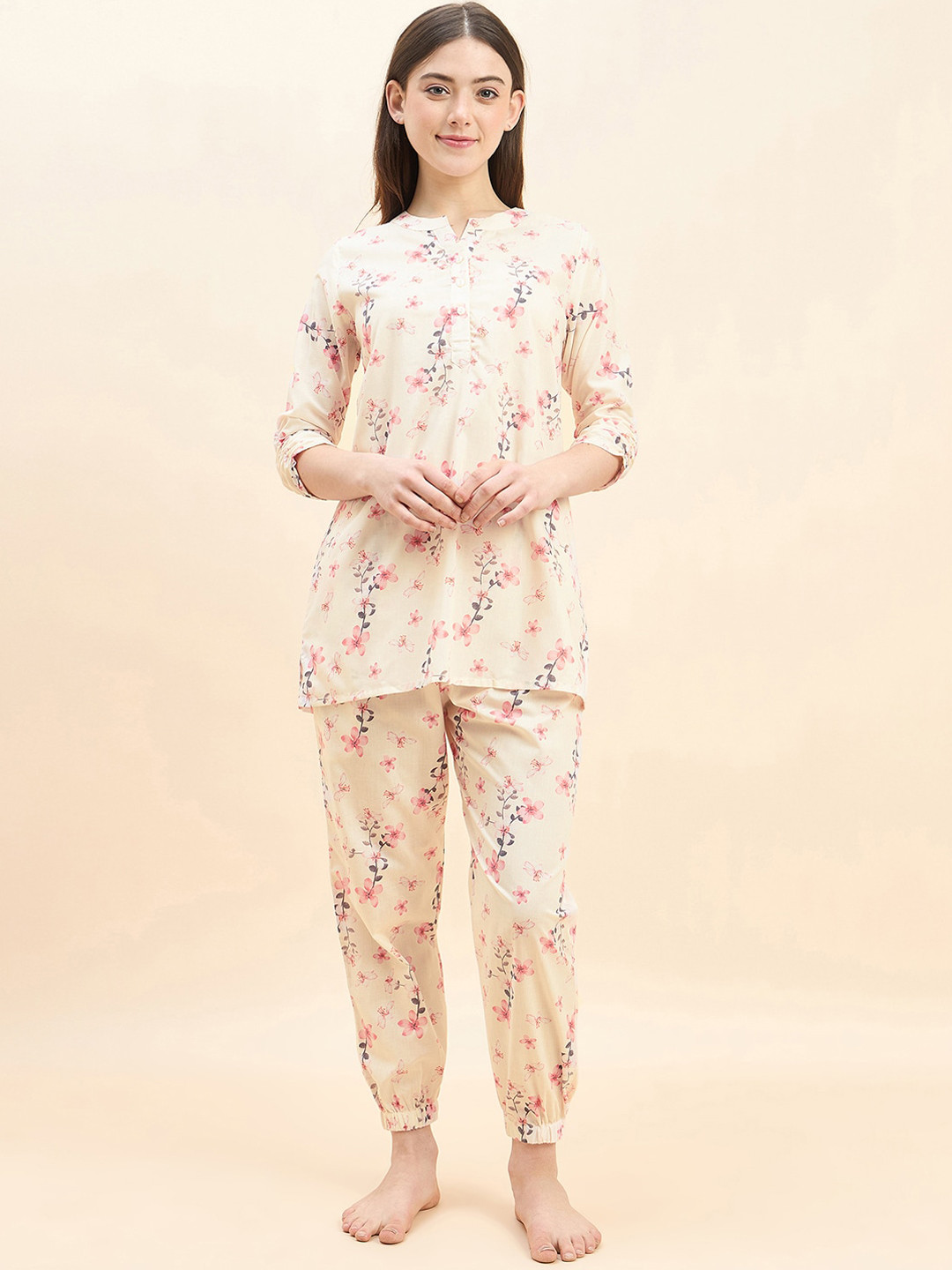 Sweet Dreams Pink Floral Printed Pue Cotton Kurti With Pyjamas