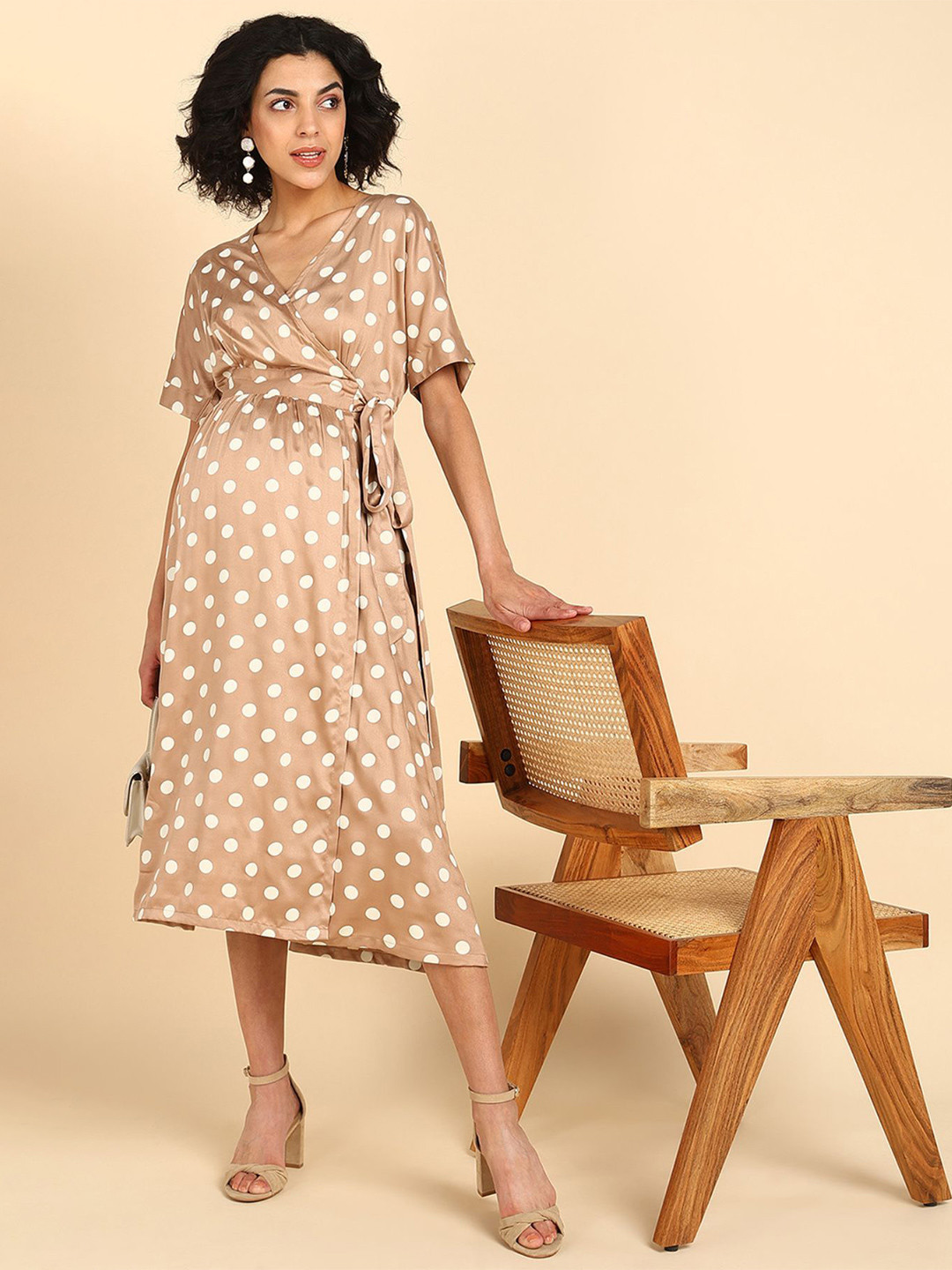 House Of Zelena Polka Dot Print  Maternity Wrap Midi Dress