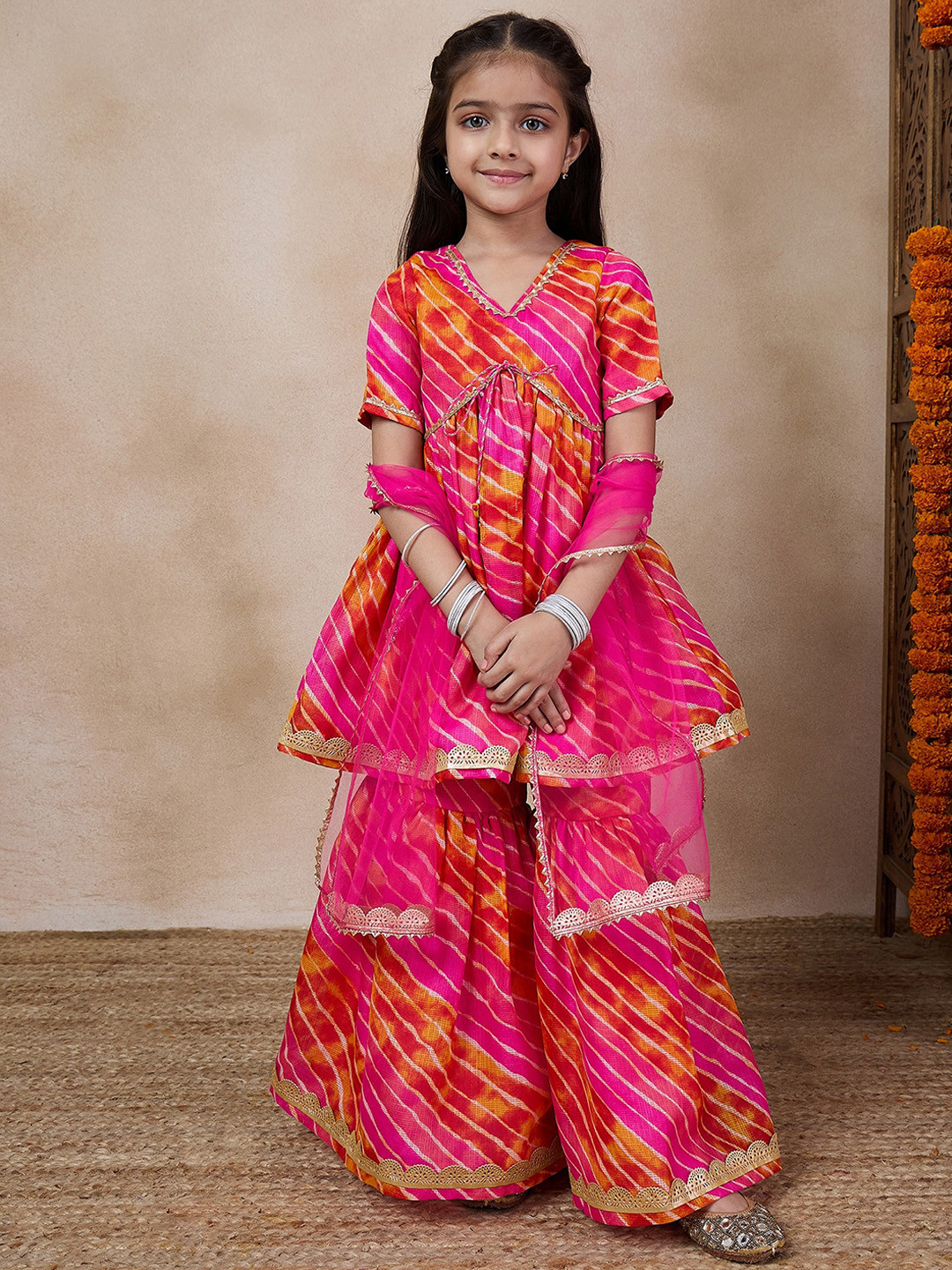 Pspeaches Girls Fuchsia And Orange Leheriya Kota Kurta Sharara Dupatta Set
