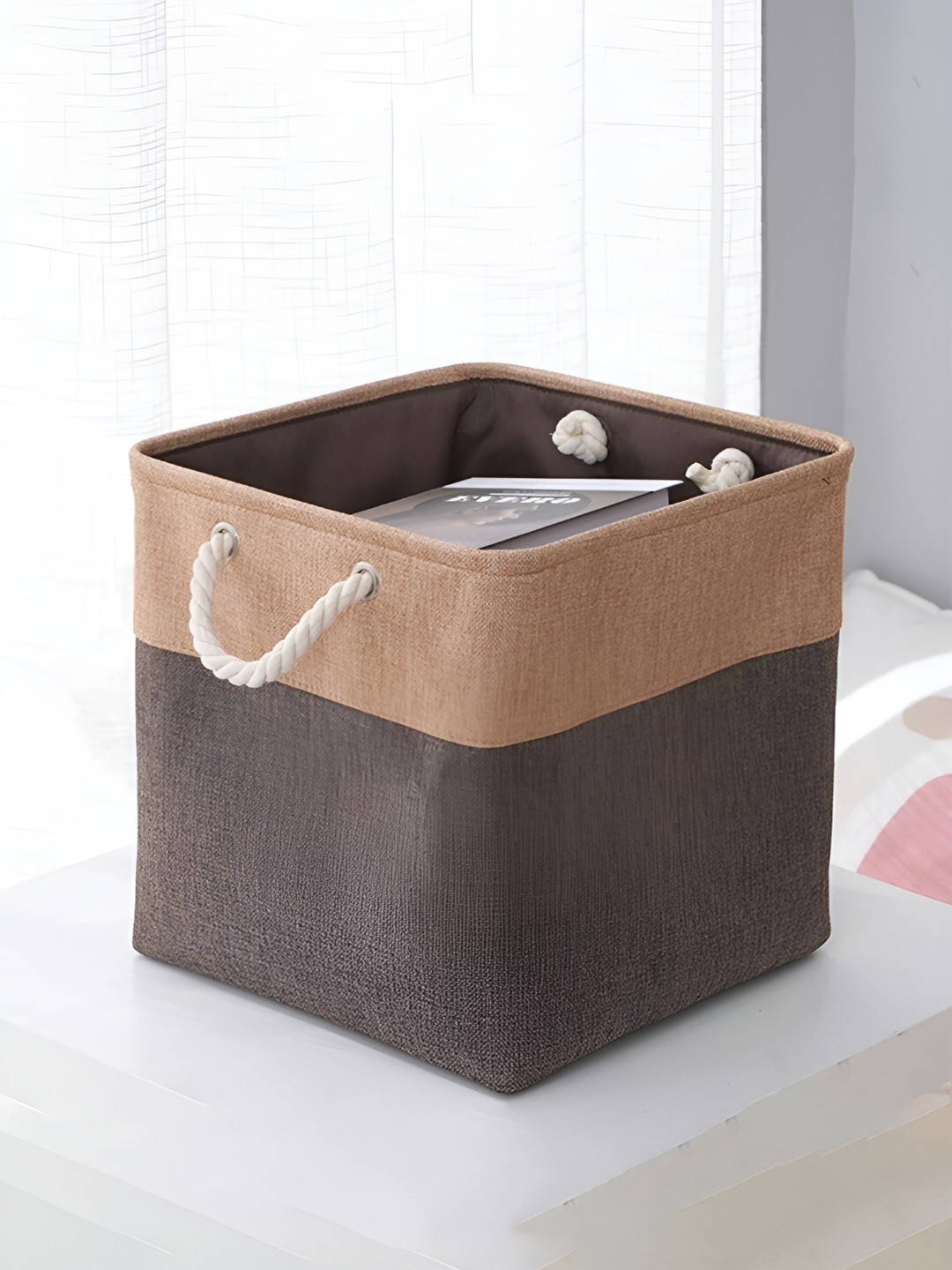 Kuber Industries Khaki & Brown Colourblocked Foldable Sqaure Storage Basket & Handle