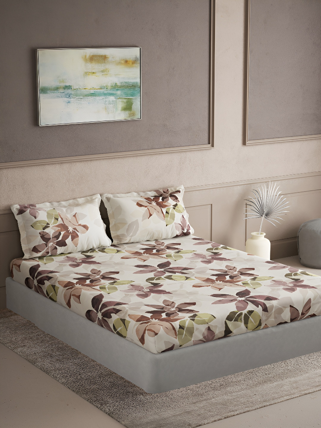 DDecor Live Beautiful Brown Floral Cotton 180 TC King Fine Bedsheet with 2 Pillow Covers-108 x 108 inches