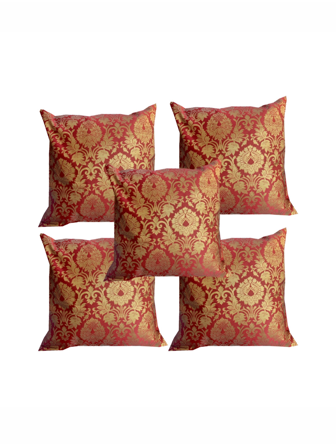 Pink Parrot Red Floral Jacquard Breathable 5 Pcs Zari Cushion Covers - 16 x 16 Inches