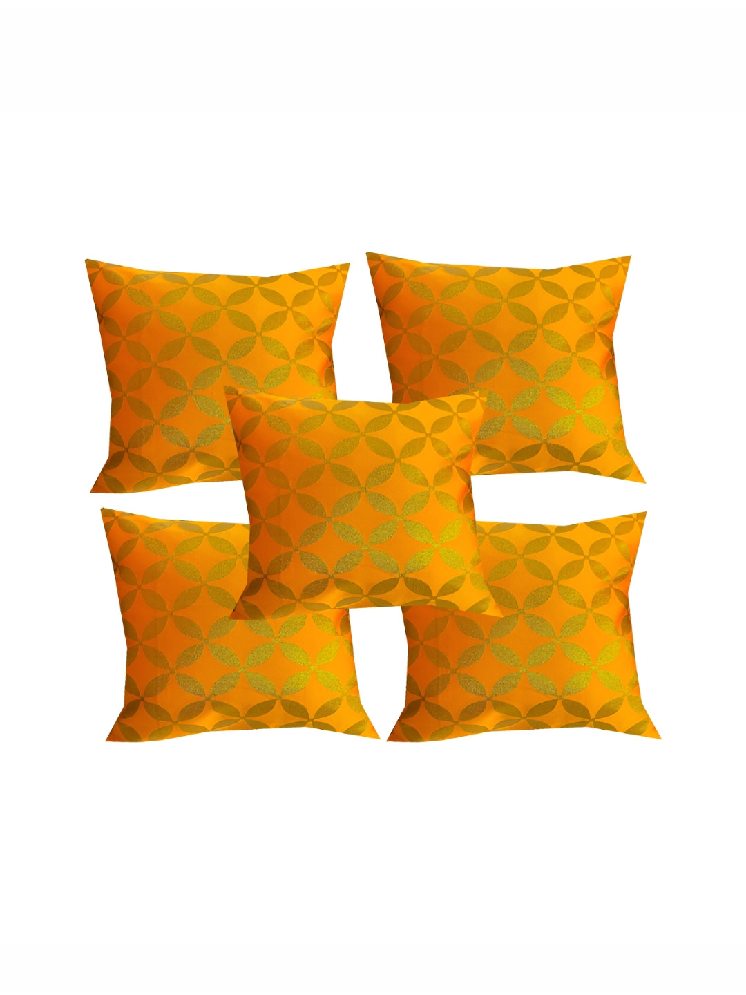 Pink Parrot Yellow & Gold Toned 5 Pieces Geometric Square Cushion Covers