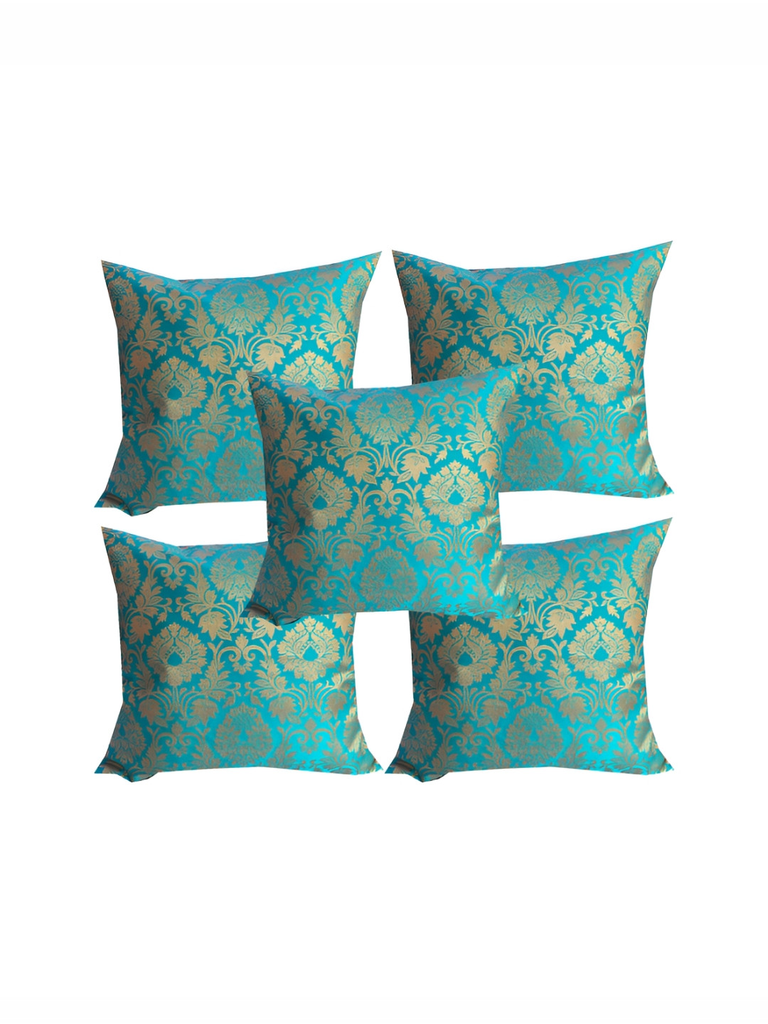 Pink Parrot Blue & Gold-Toned 5 Pcs Ethnic Motifs Square Cushion Covers