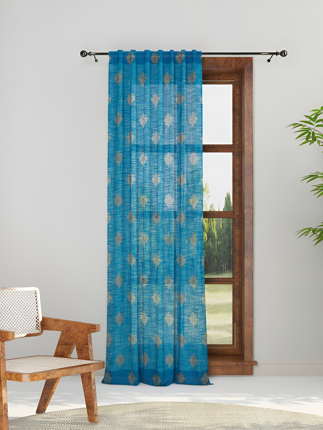 Fabindia Teal Blue & Gold-Toned Ethnic Motifs Cotton Window Curtain