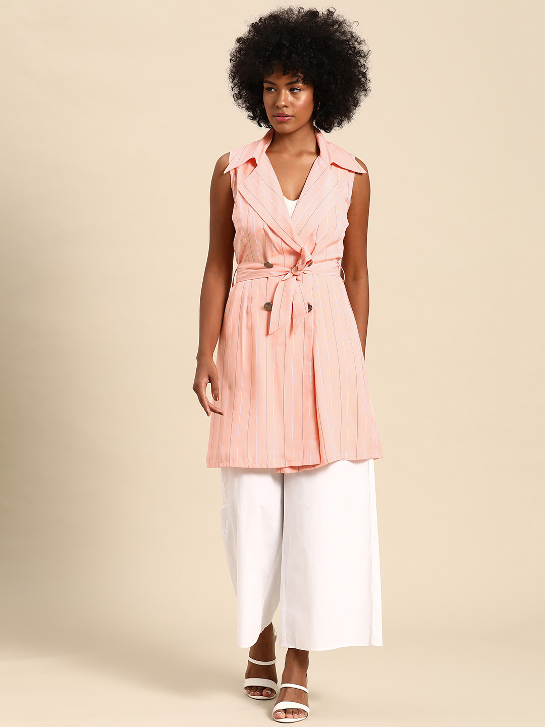 WoowZerz Striped Slim Fit Longline Coat