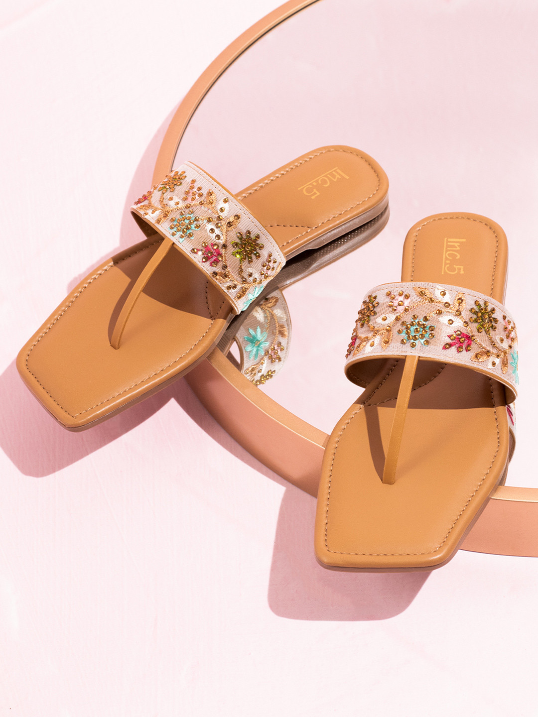 Inc 5 Embroidered Open Toe T-Straps Flats