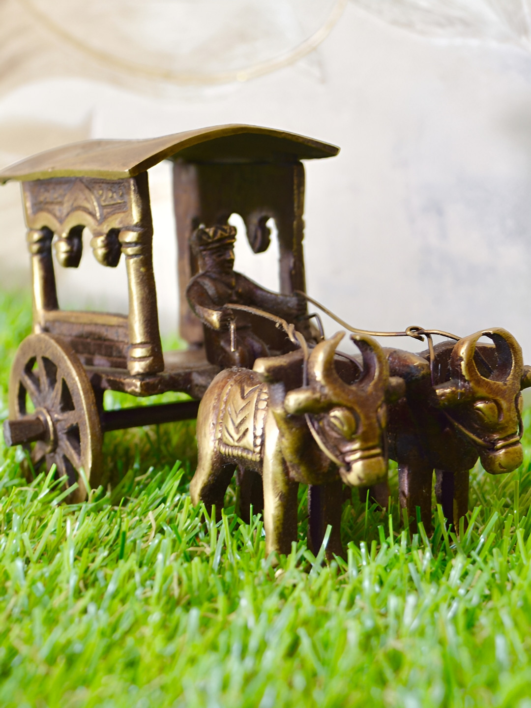Aakrati Horse Cart Brown Brass Metallic Living Room Hand Made Medium Showpiece - 3 Inches